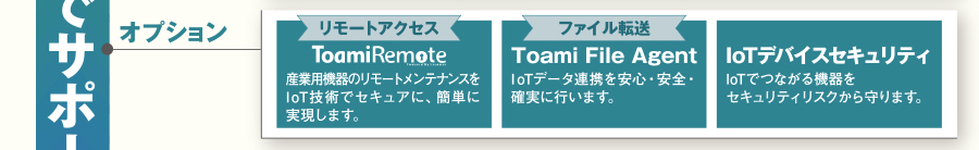 オプション:リモートアクセス ToamiRemote、ファイル転送 Toami File Agent、IoTデバイスセキュリティ